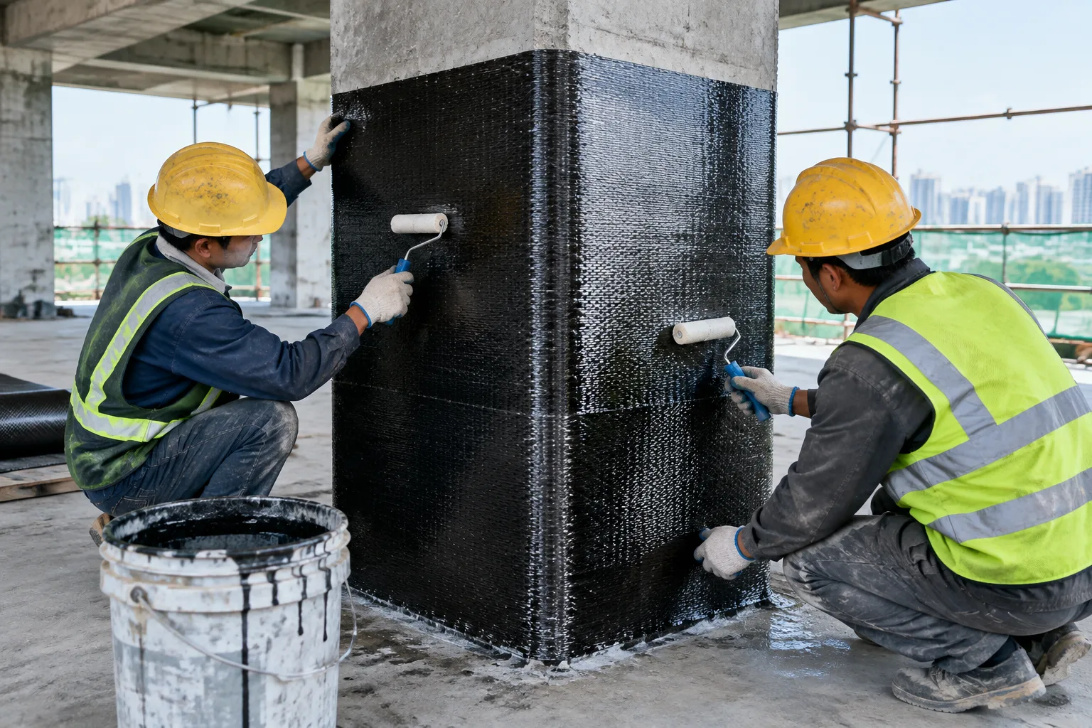 Carbon-fibre fabric strengthening of a concrete column