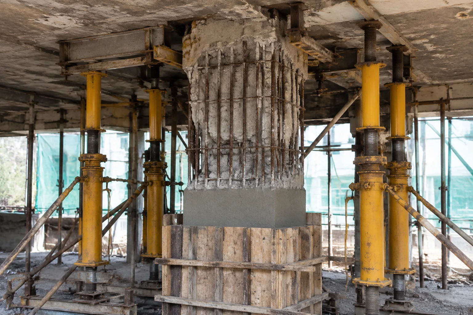 Staged concrete column replacement with temporary shoring and new concrete